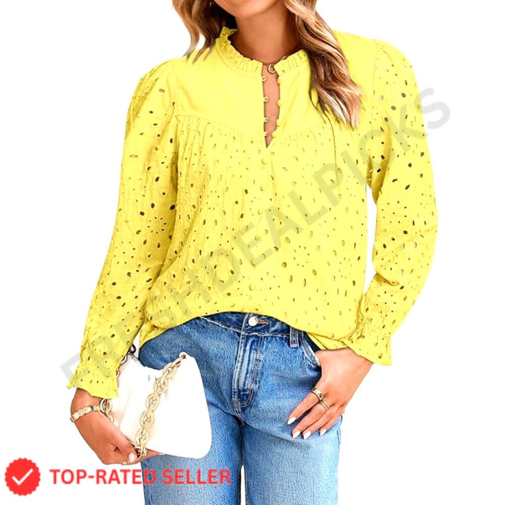 Eyelet Embroidered Puff Sleeve Blouse Boho Chic Lace Button Down Shirt - Picture 1 of 7